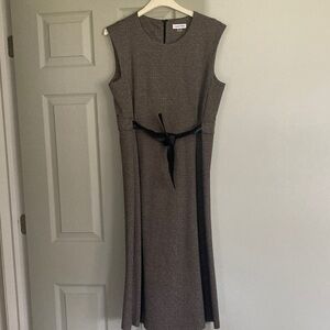 Calvin Klein Textured Sleeveless Midi Dress with Black Tie Belt